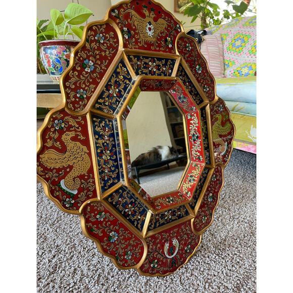 Peruvian Wall Mirror Octagonal Wood Frame Reverse Glass Painting birds flowers - Picture 1 of 16